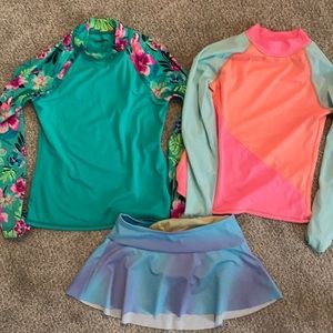 Girls Lands’ End rash guard and swim skirt